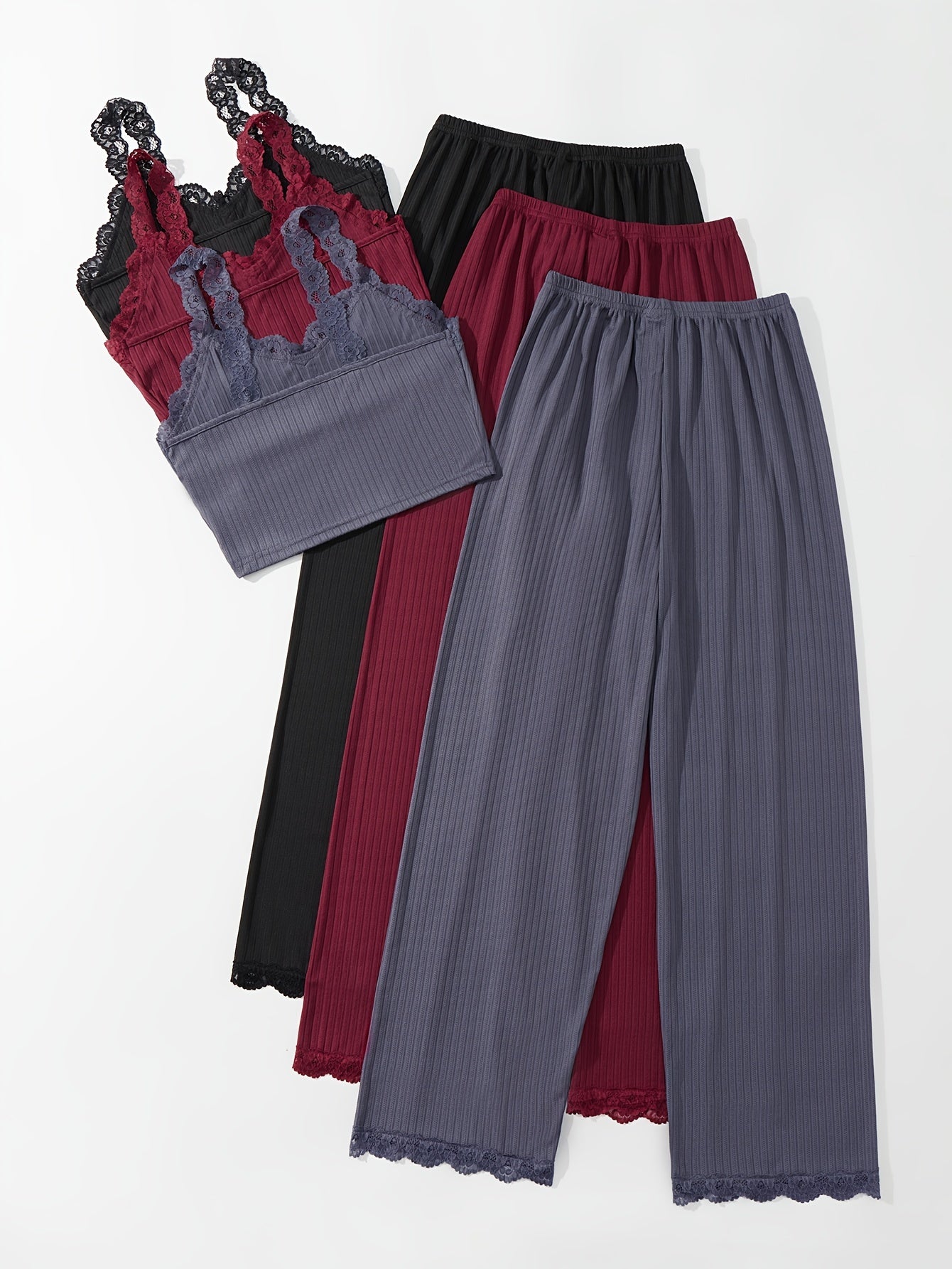 3 Sets Lace Trim Lounge Set, V Neck Cami Top & Elastic Waistband Pants, Women's Loungewear & Sleepwear